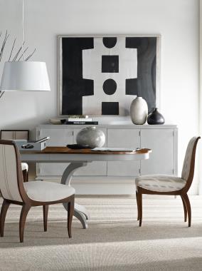 HC2444-76 Mercer Dining Table shown with Weathered Swedish Gray finish on base and the top in Dark Walnut finish, HC5351-02 LeeLee Side Chair shown in COM fabric with Dark Walnut finish and HC145-71 Artsan Grand Credenza shown in Weathered Swedish Gray finish.